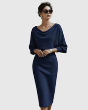 Célindra Beauvaux | Navy Blue Draped Batwing Midi Dress
