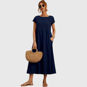 Rosalind Evermore | Navy Blue Cap Sleeve Midi Dress with Pockets
