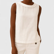 Isabelle Tournier | Sleeveless Linen Roll Collar Top in Blue