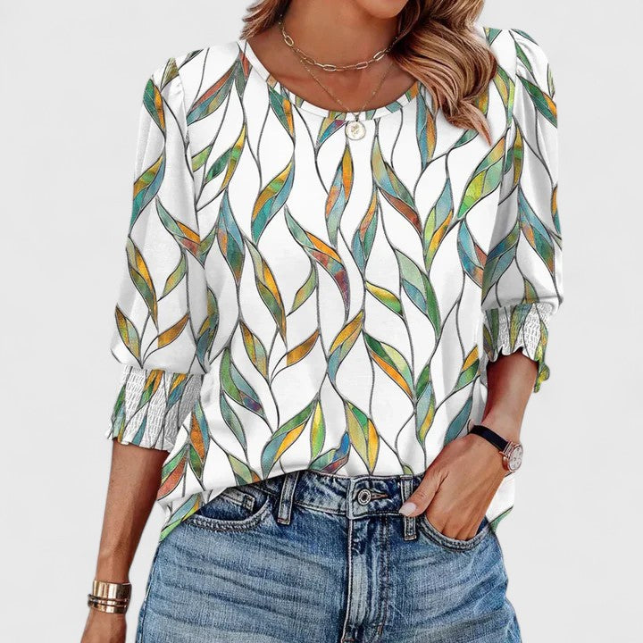 Francine Bellvaux | White Smocked Cuff 3/4 Sleeve Crew Neck Top