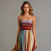Elara Montclair | Strapless Multicolor Pleated Maxi Dress