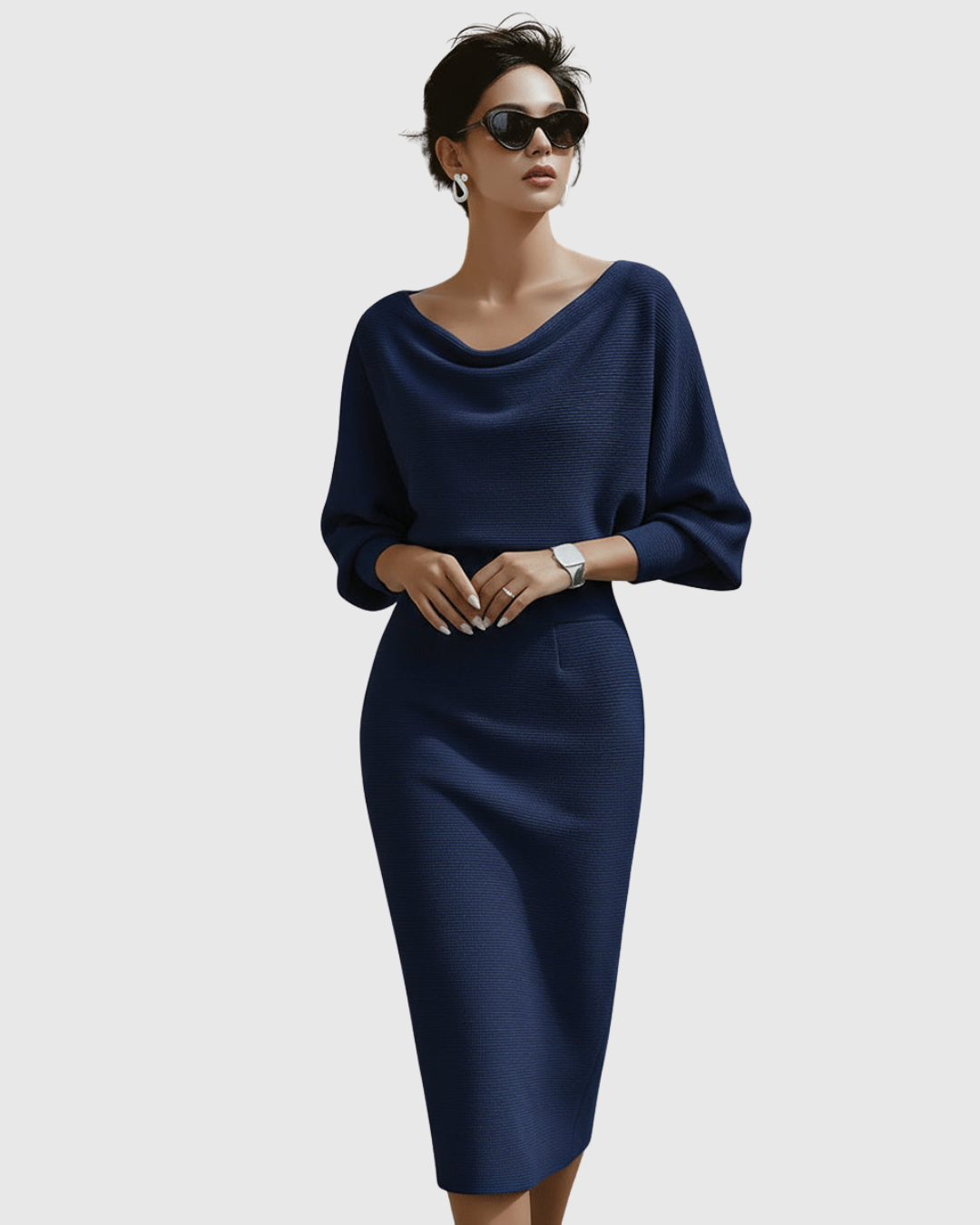 Audrina Velmonte | Black Ribbed Cowl Neck Batwing Midi Dress