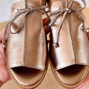 Dominique Favrelle | Pewter Metallic Open-Toe Flat Sandals with Bow Strap