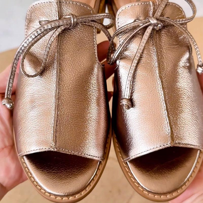 Dominique Favrelle | Pewter Metallic Open-Toe Flat Sandals with Bow Strap