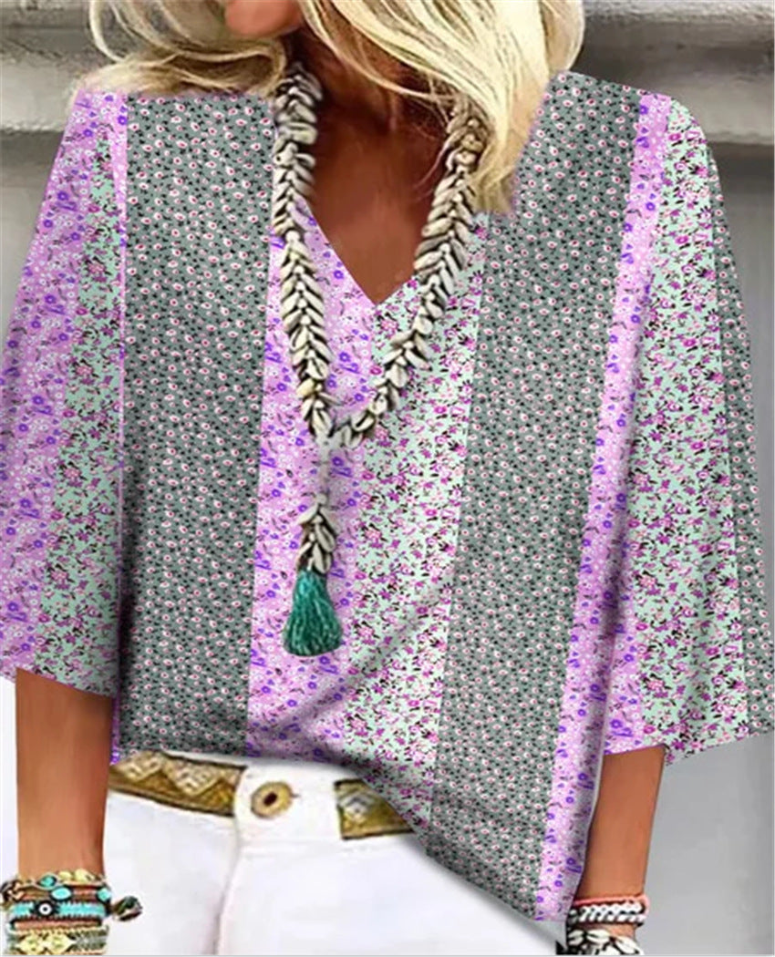 Elaine Vossberg | Ditsy Floral Patchwork V-Neck 3/4 Sleeve Top