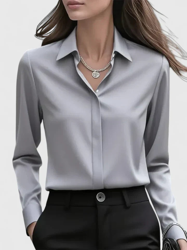 Vivienne Hartwell | Navy Blue Satin Long-Sleeve Button-Down Shirt