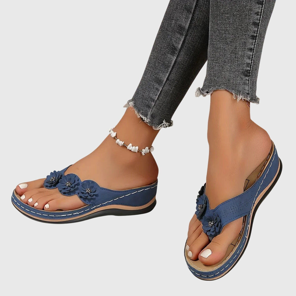 Marietta Dunrosse | Blue Flower Wedge Flip Flop Sandals