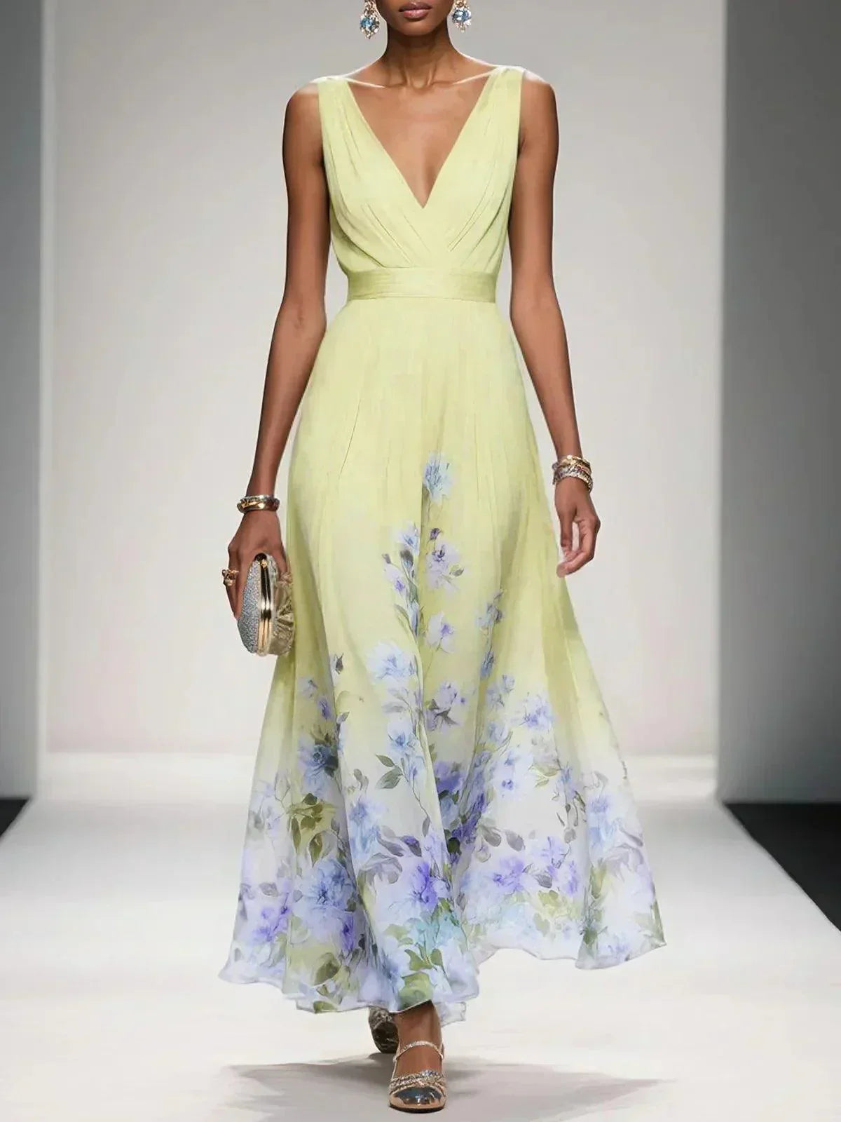 Celestine Dawnmore | Light Blue Floral Maxi V-Neck Dress