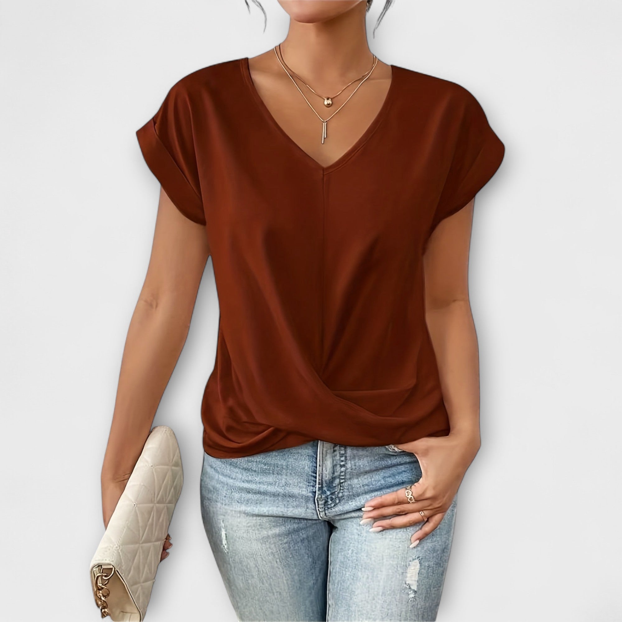 Arabella Sincroft | Brown V-Neck Twist Hem Top