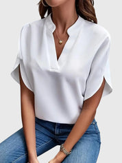 Sylvana Bretoncourt | White V-Neck Short Sleeve Blouse