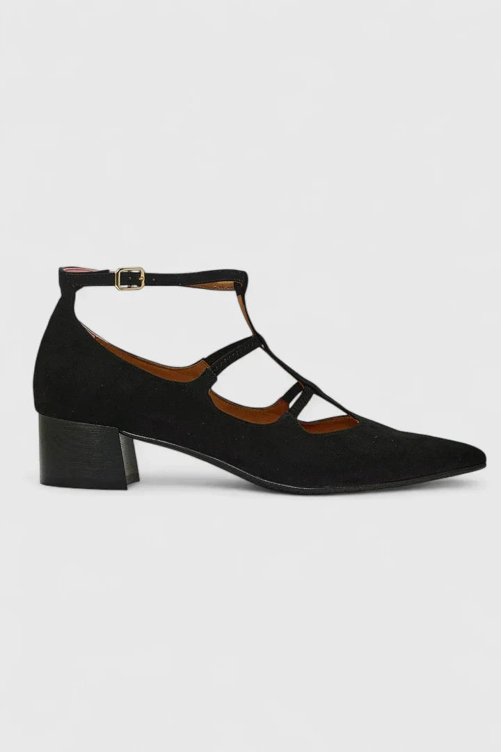 Natalia Thornecrest | Black Suede Cutout Low Heel Pumps
