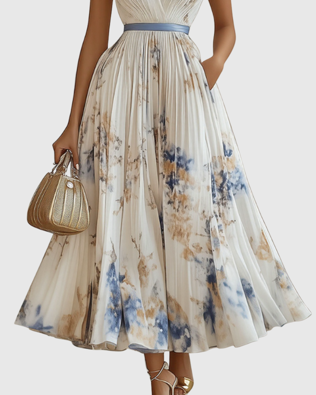 Lucienne Hartwell | Floral Pleated Midi Dress with V-Neck