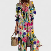 Eloise Ravencrest | Blue Leaf Print Boho Midi Shirt Dress