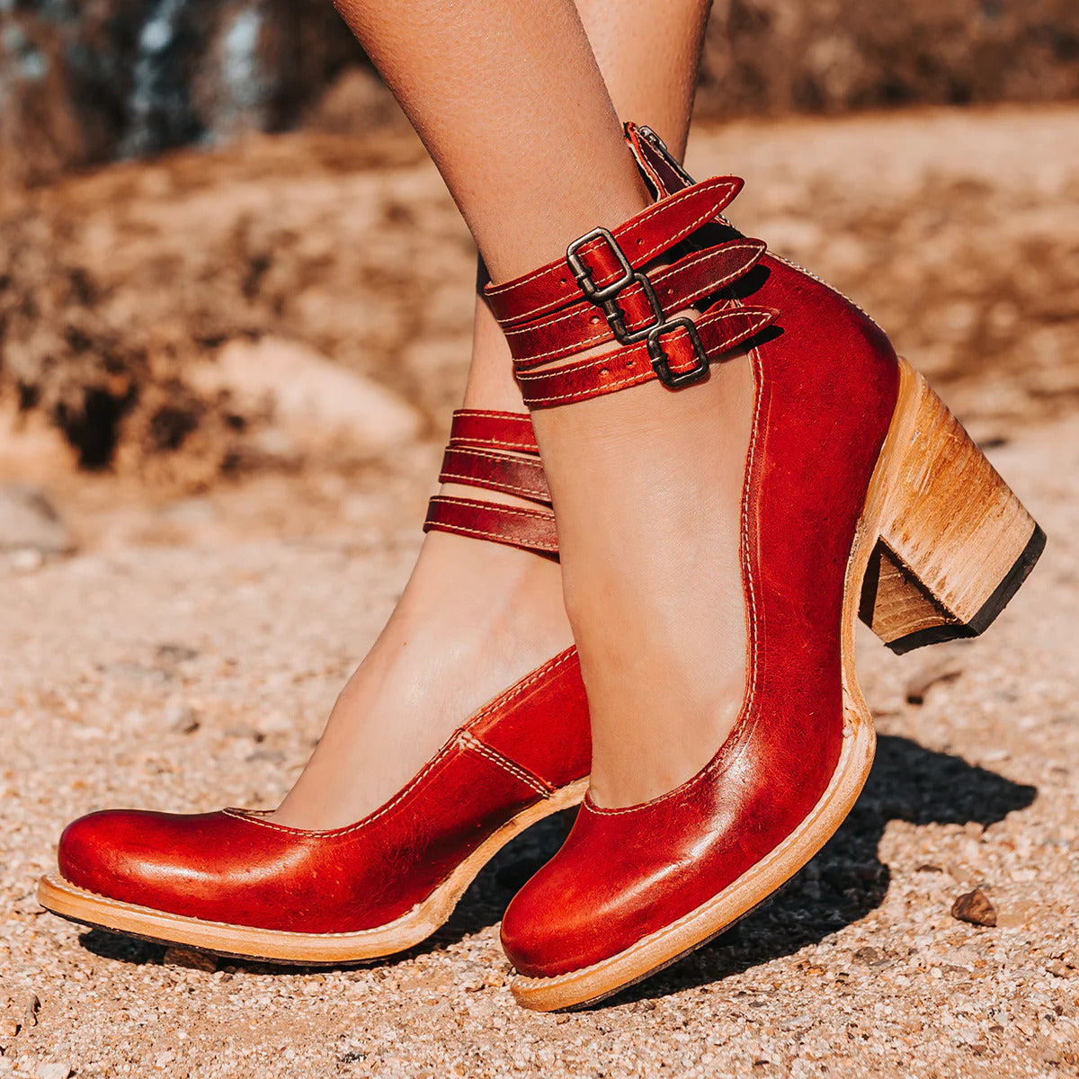 Corinna Ashvale | Tan Leather Block Heel Ankle Boot with Double Buckle Straps