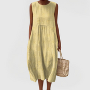 Mirabel Fontaineaux | Green Embroidered Sleeveless Midi Dress with Pockets
