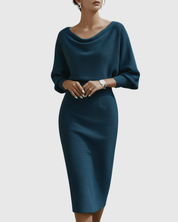 Audrina Velmonte | Black Ribbed Cowl Neck Batwing Midi Dress
