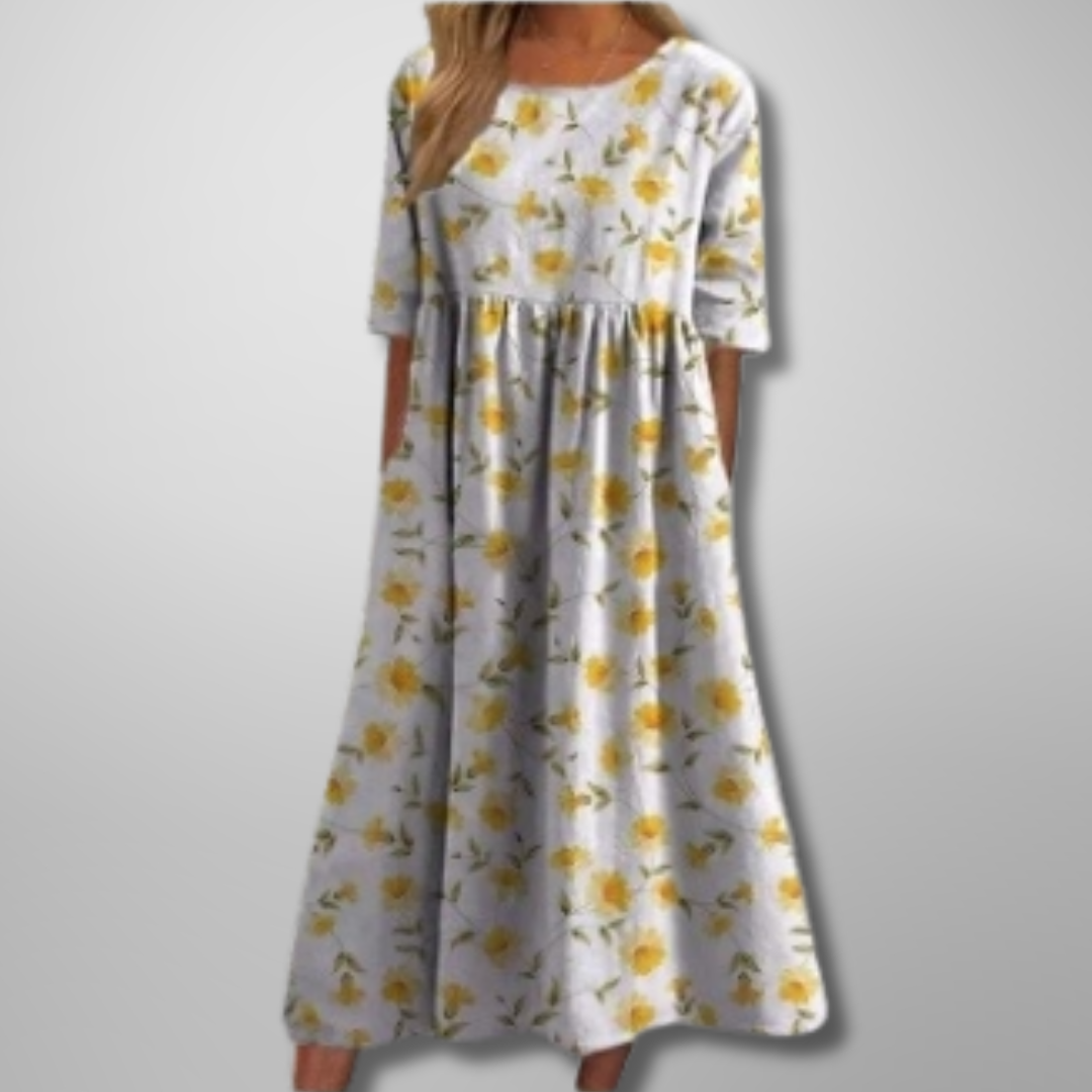 Corinthia Delvaux | Blue Floral Midi Dress with 3/4 Sleeves
