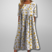 Corinthia Delvaux | Blue Floral Midi Dress with 3/4 Sleeves