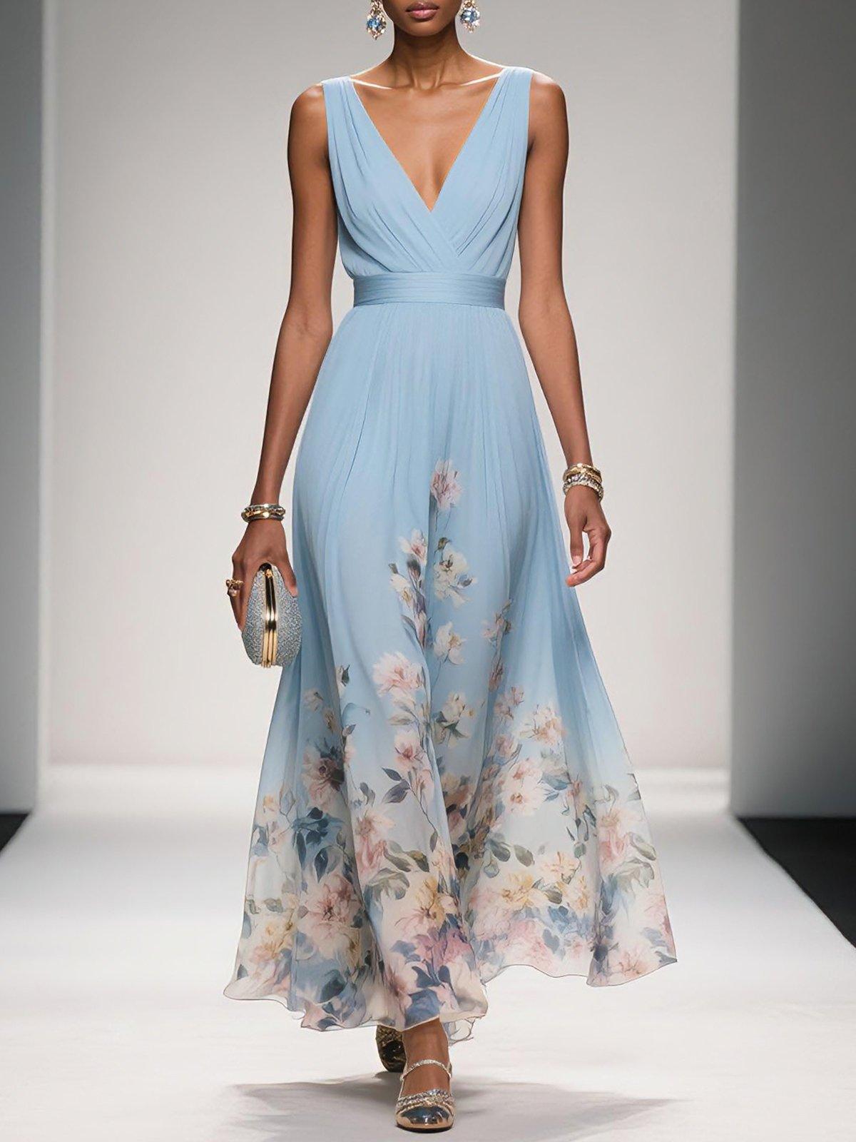Celestine Dawnmore | Light Blue Floral Maxi V-Neck Dress