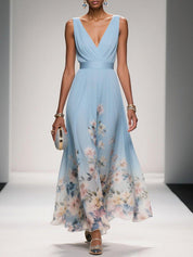 Celestine Dawnmore | Light Blue Floral Maxi V-Neck Dress