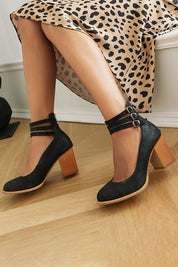 Mathilde Renoncourt | Tan Block Heel Sandal with Double Ankle Strap