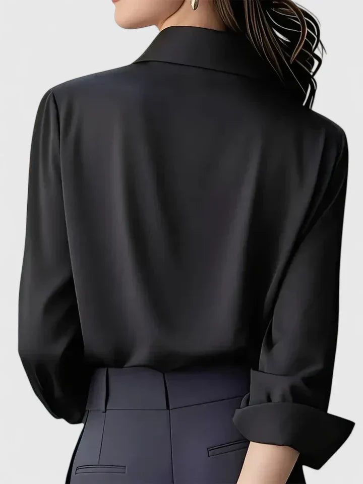 Vivienne Hartwell | Navy Blue Satin Long-Sleeve Button-Down Shirt
