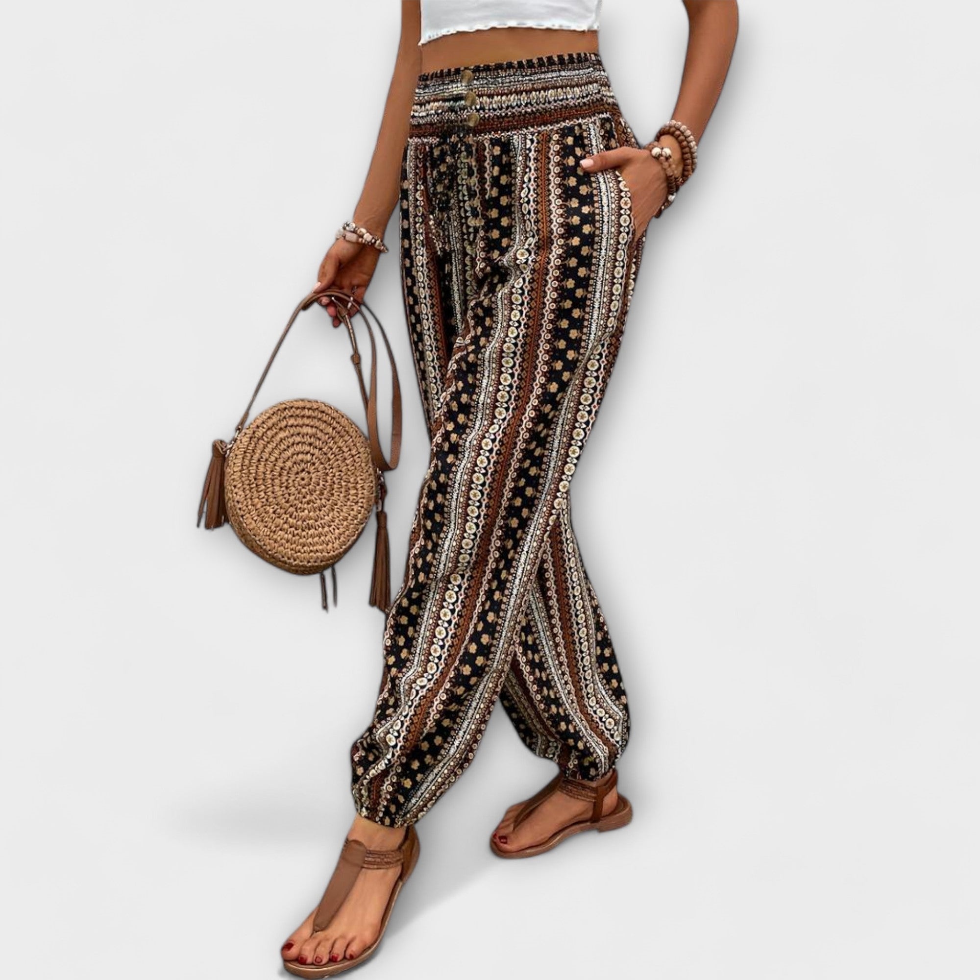 Giselle Tamberlaine | Boho Ethnic Print Smocked Waist Harem Pants