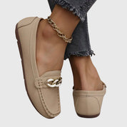 Camille Beaudreau | White Flat Loafers with Gold Chain Detail