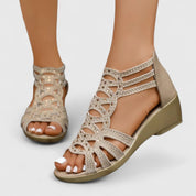 Elara Montveil | Rhinestone Gladiator Wedge Sandals in Beige