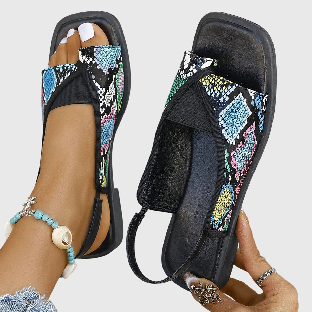Lucette Vanbois | Square Toe Colorblock Slip-On Flat Sandals