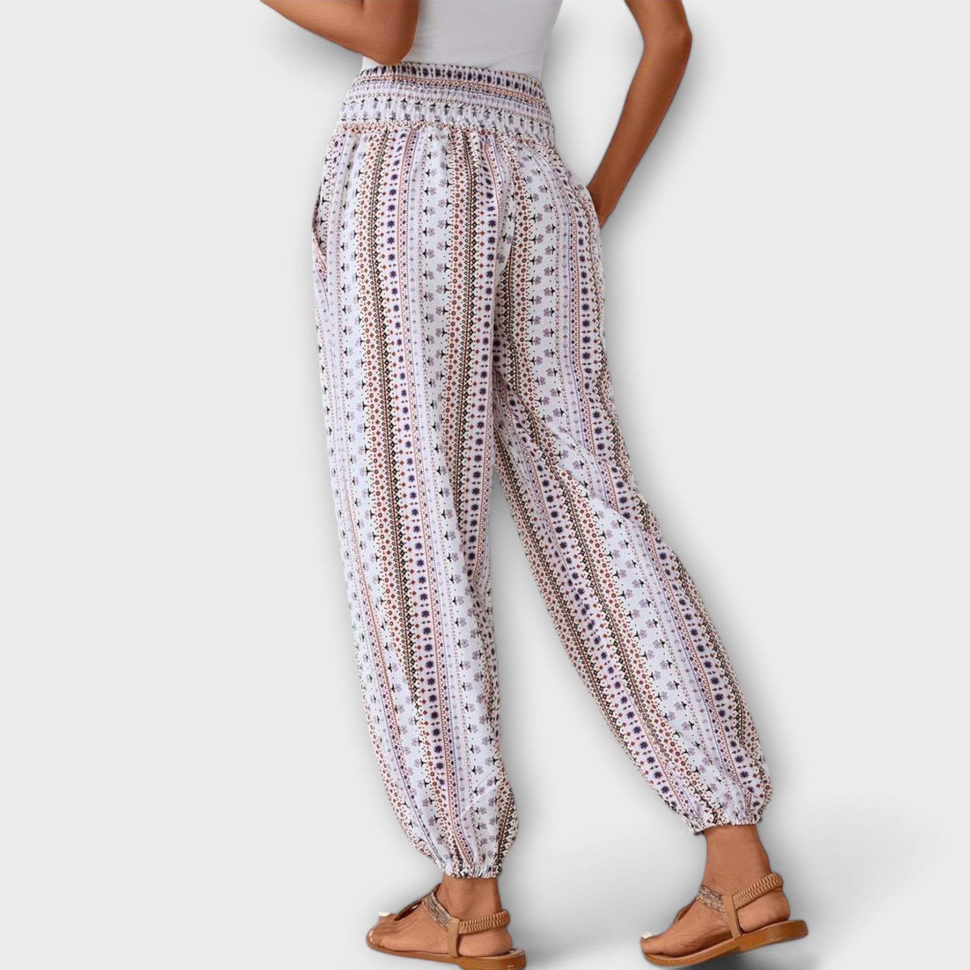 Giselle Tamberlaine | Boho Ethnic Print Smocked Waist Harem Pants