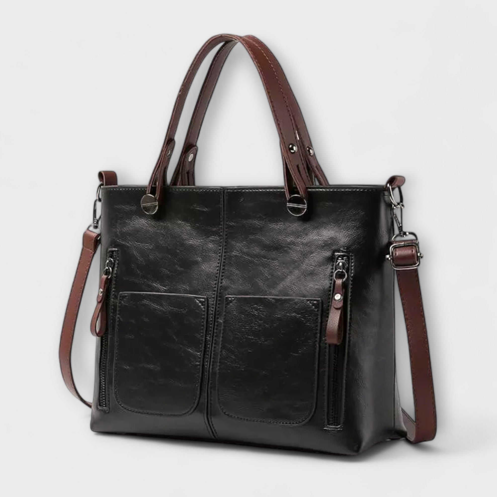 Genevieve Stourcourt | Brown Faux Leather Tote Bag with Front Pockets