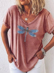 Harriet Ashbourne | Dragonfly Print V-Neck Washed Pink Tee