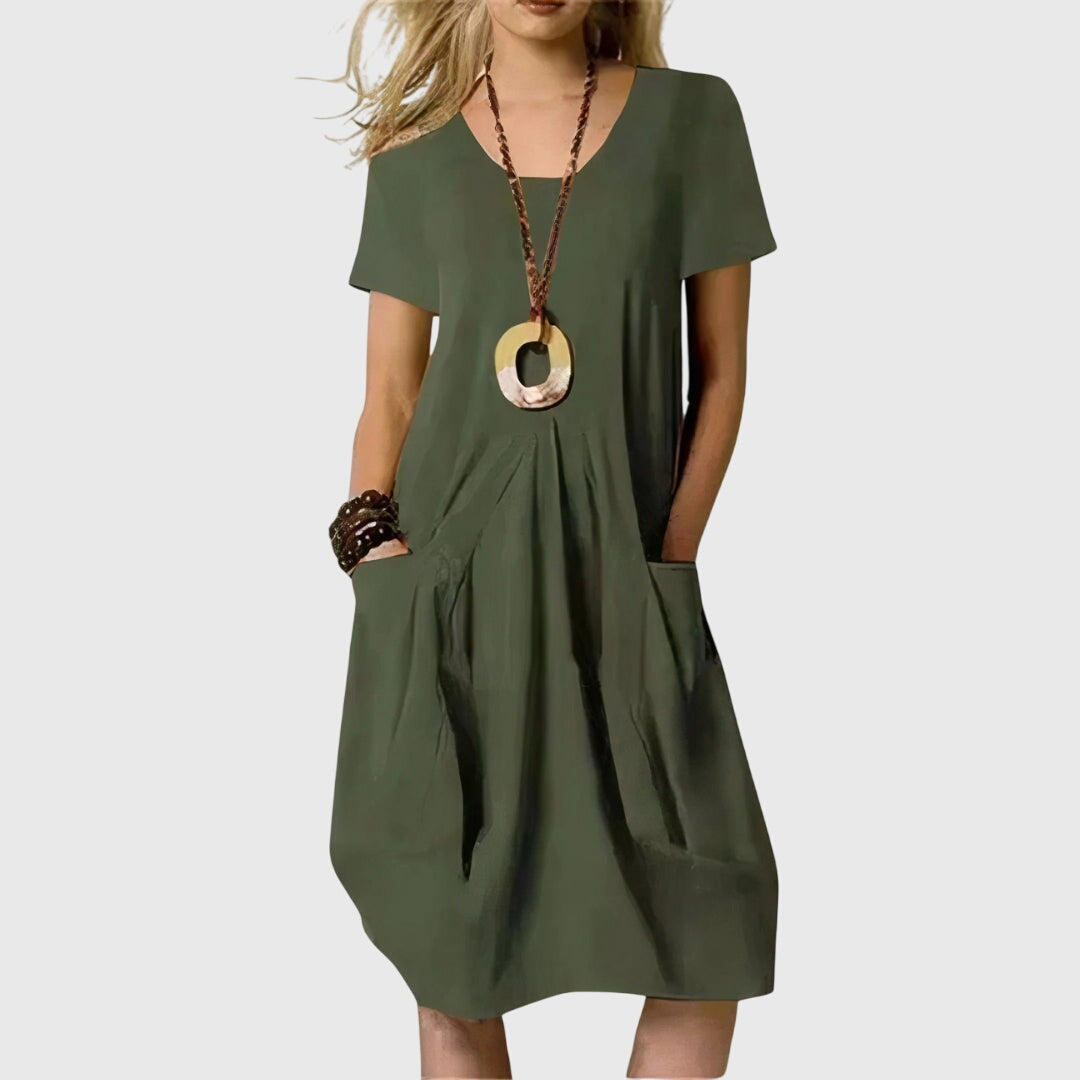 Elaine Rossmore | Orange V-Neck Midi Dress with Pockets