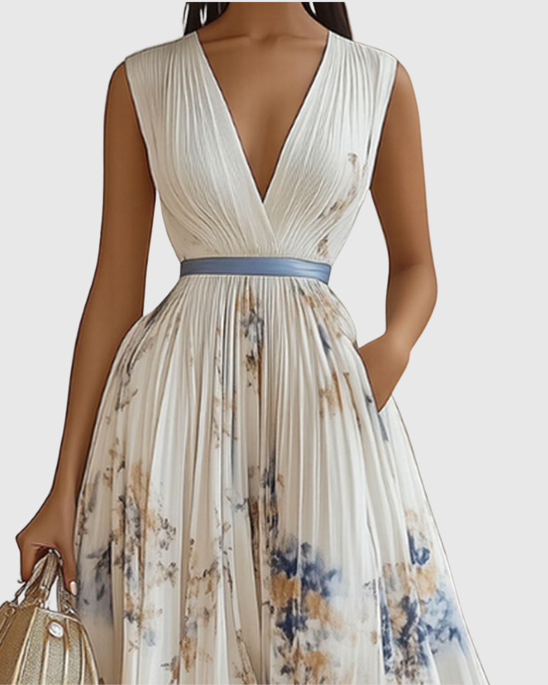 Lucienne Hartwell | Floral Pleated Midi Dress with V-Neck