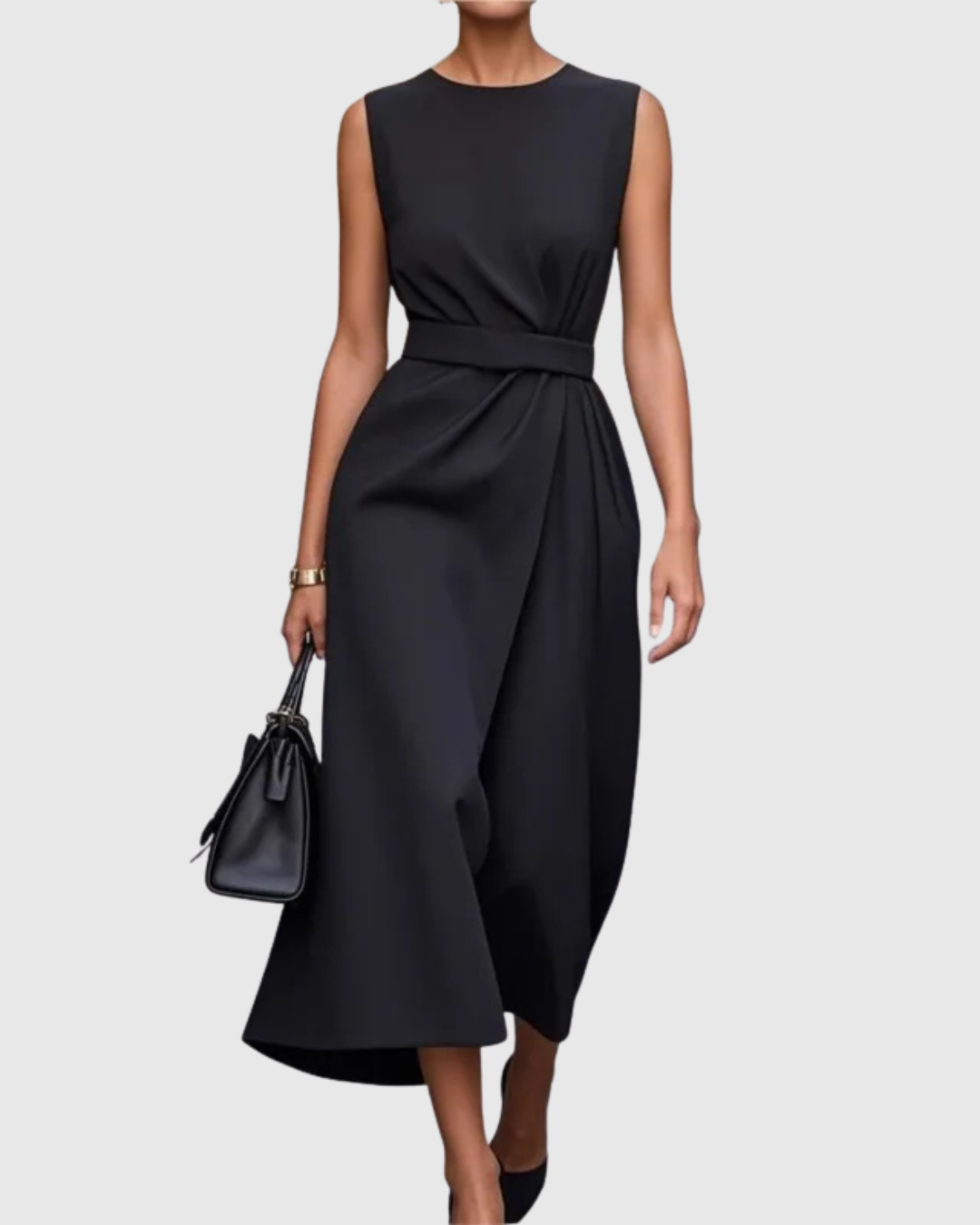 Aurelianne Fontcrest | Rust Brown Sleeveless Midi Dress with Waist Sash