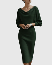Audrina Velmonte | Black Ribbed Cowl Neck Batwing Midi Dress