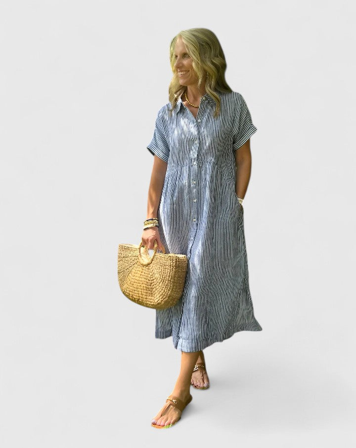 Marisol Cleverton | Blue Striped Linen Midi Shirt Dress