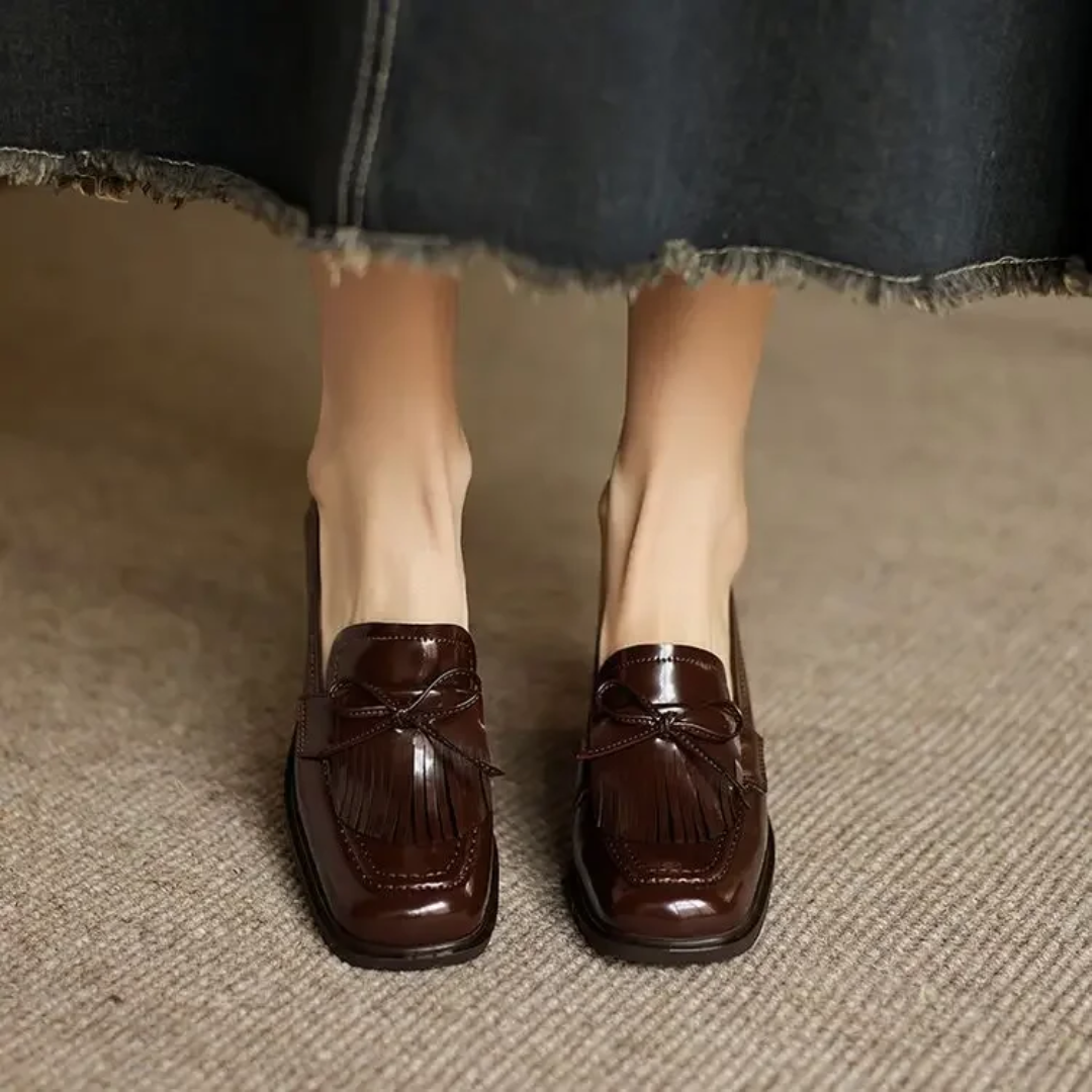 Leticia Beauvigne | Black Patent Tassel Loafer Block Heel Pump