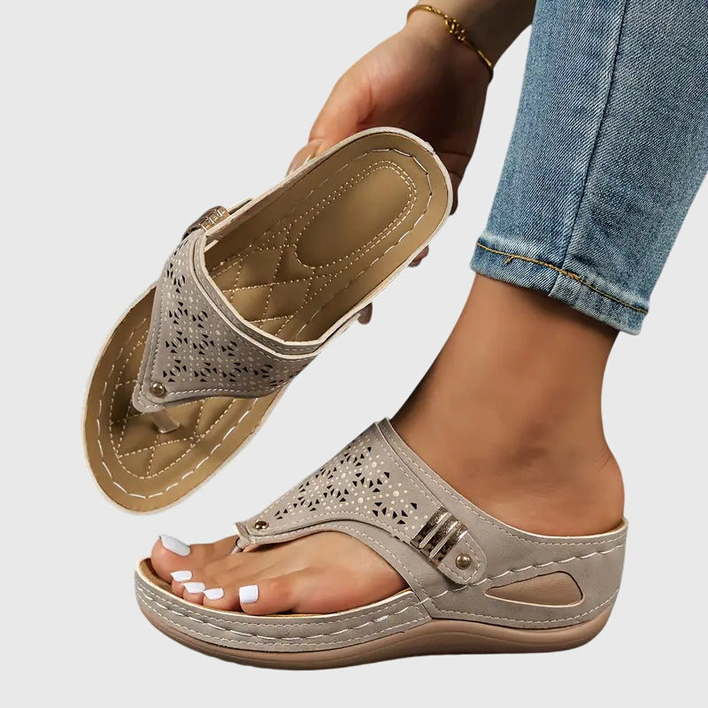 Emmeline Ashford | Orthopedic Wedge Flip Sandals in Taupe