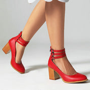 Mathilde Renoncourt | Tan Block Heel Sandal with Double Ankle Strap