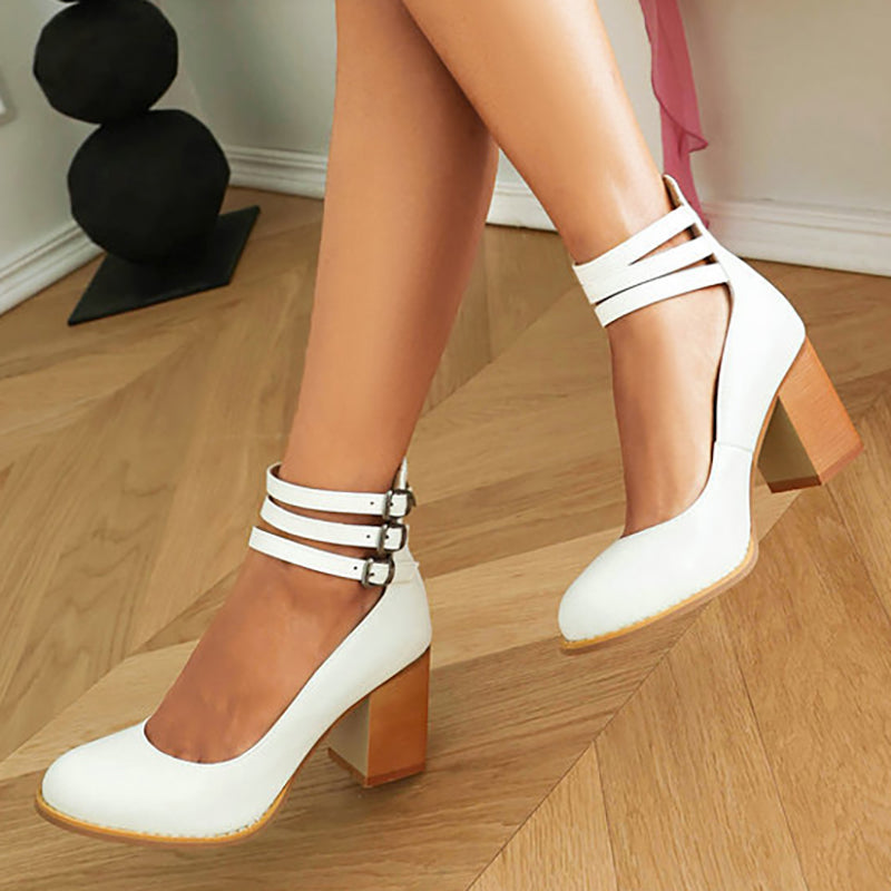 Mathilde Renoncourt | Tan Block Heel Sandal with Double Ankle Strap