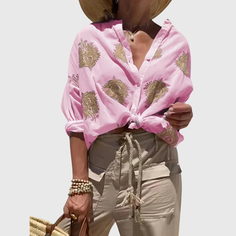 Vivienne Alençon | White Gold Embroidered Button-Up Blouse