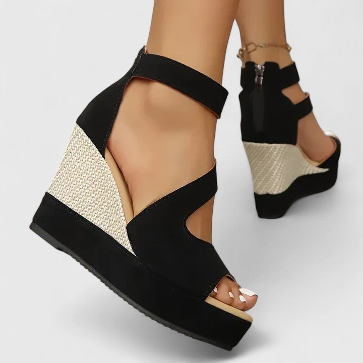 Clarisse Beauverne | Black Wedge Sandals with Elastic Straps
