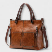 Genevieve Stourcourt | Brown Faux Leather Tote Bag with Front Pockets