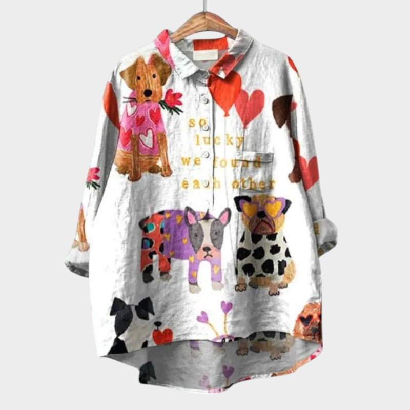Catalina Beauvois | Purple Cartoon Dog Print Linen Blouse
