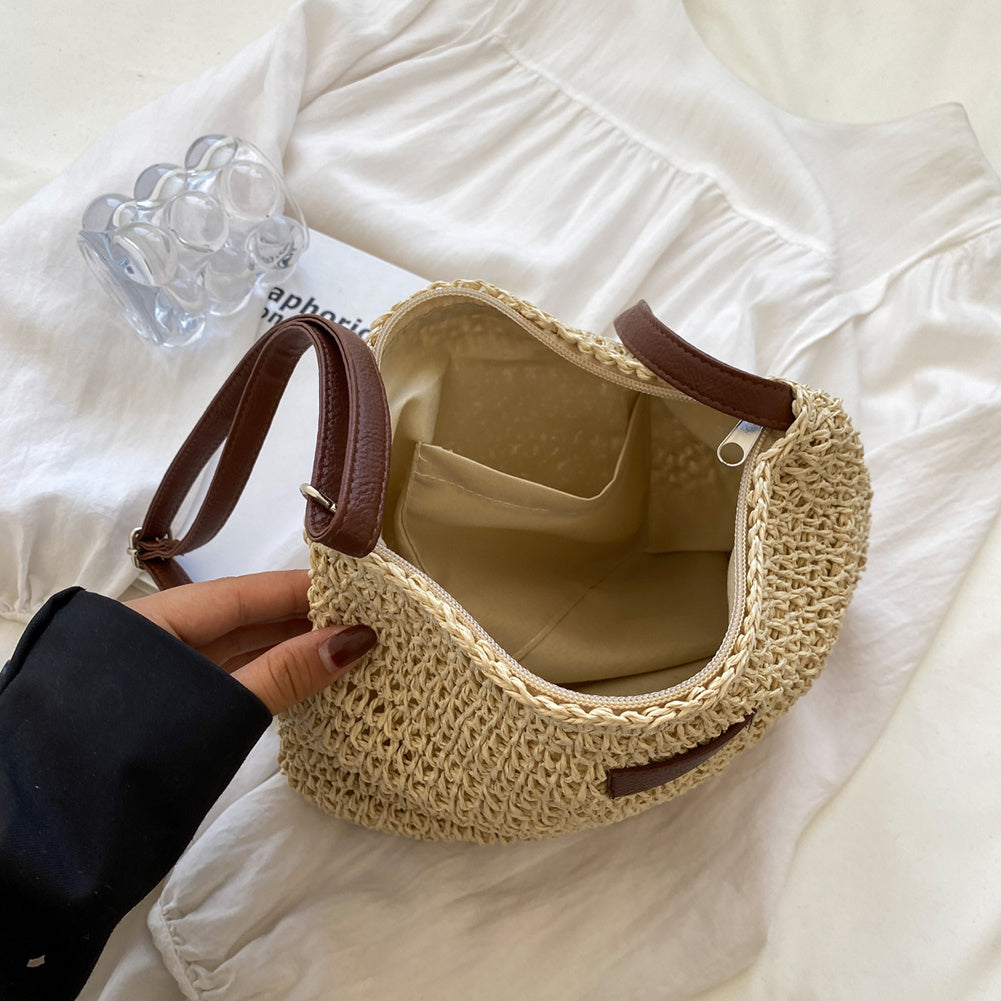 Evangeline Trentworth | Woven Straw Shoulder Bag in Natural Beige