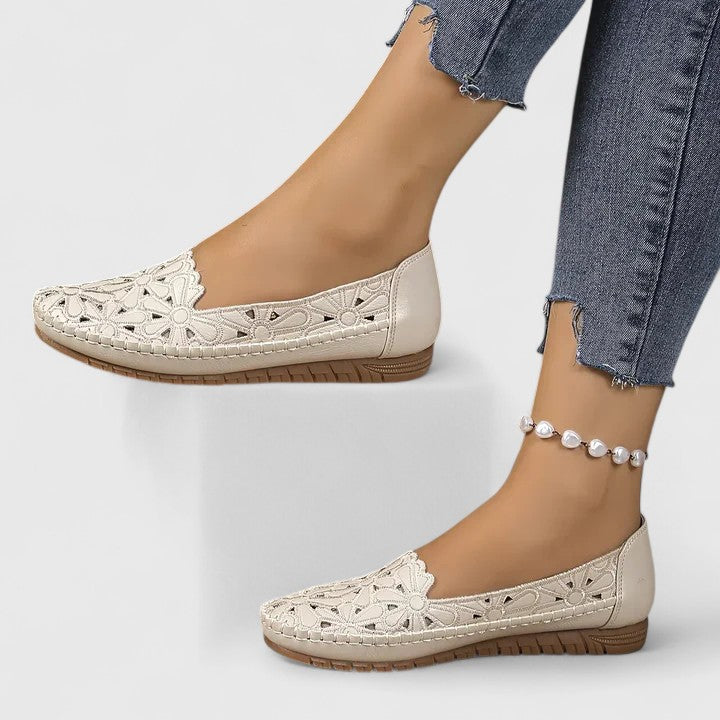 Celestine Fairvaux | White Hollow-Cut Slip-On Flat Loafers