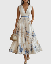 Lucienne Hartwell | Floral Pleated Midi Dress with V-Neck