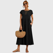 Rosalind Evermore | Navy Blue Cap Sleeve Midi Dress with Pockets